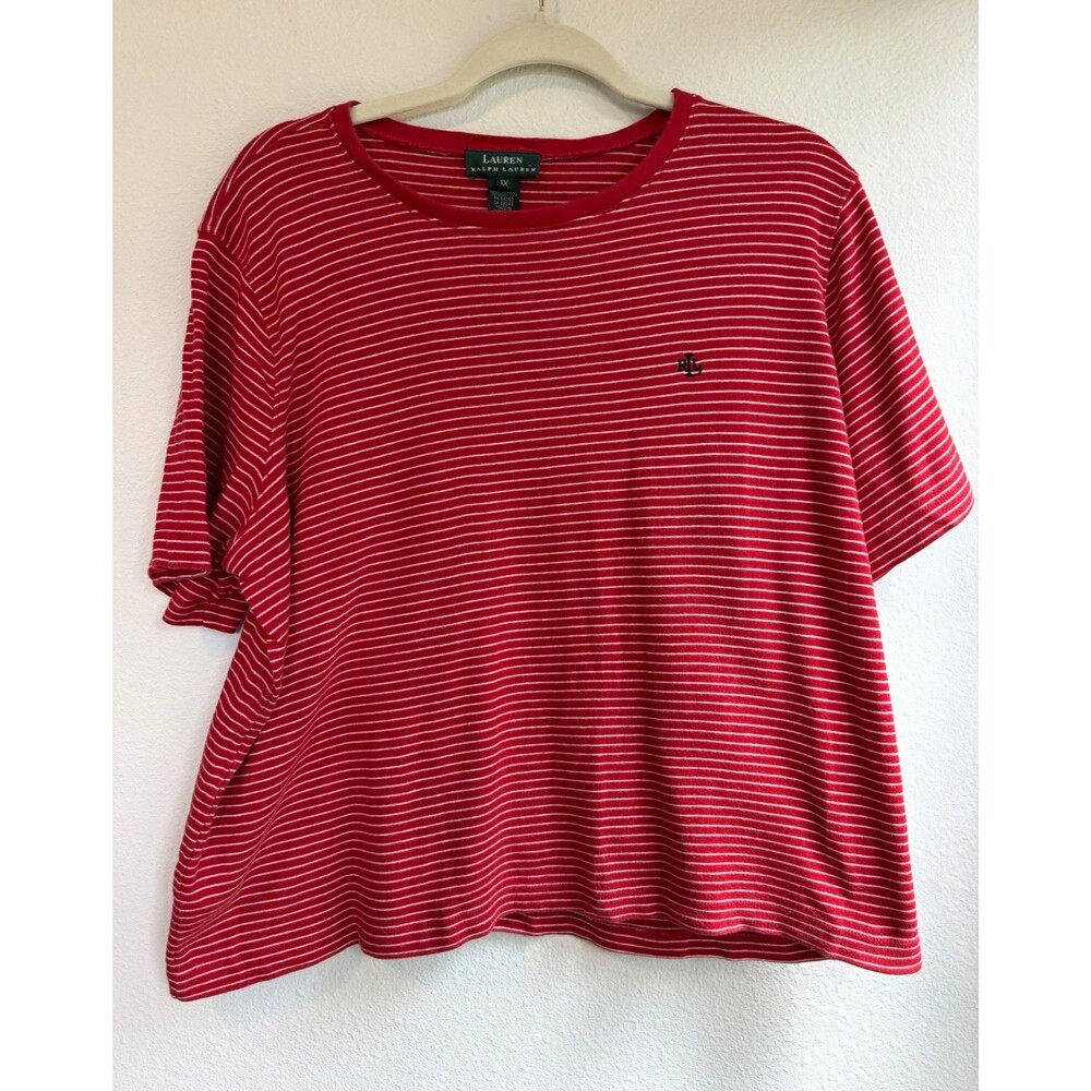Lauren Ralph Lauren Women's 1X Plus Red White Striped Cotton Knit Crew Tee